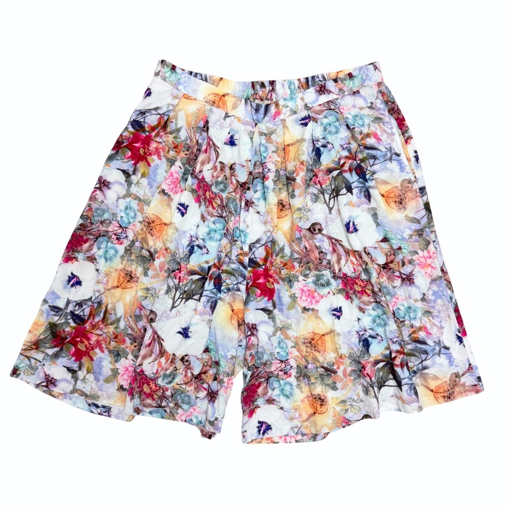 Vintage 90s Blue Sky Floral Shorts High Waist Pleated Viscose Cottagecore Boho L